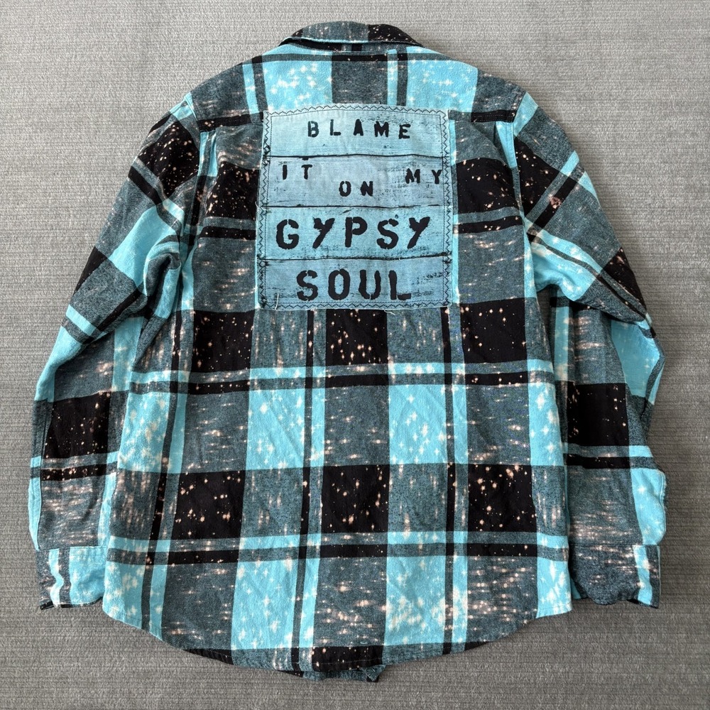 Angry Minnow Flannel Men Large Blue Acid Splatter Blame It On My Gypsy Soul
